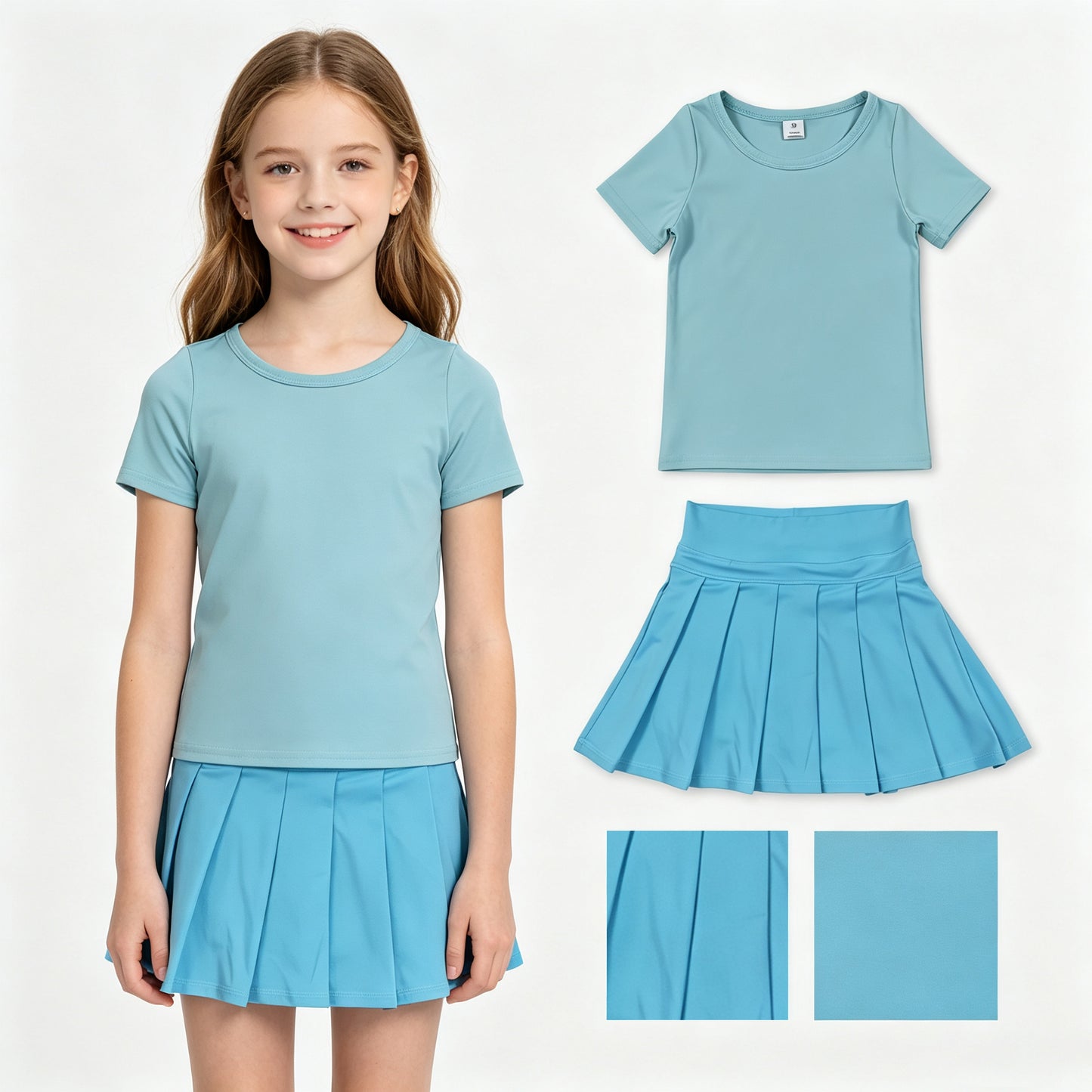 Baby Girls Blue Short Sleeve Shirt Top Pleated Skirt Short Yoga Active Clothes Sets