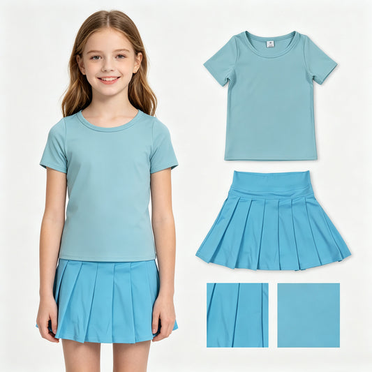 Baby Girls Blue Short Sleeve Shirt Top Pleated Skirt Short Yoga Active Clothes Sets