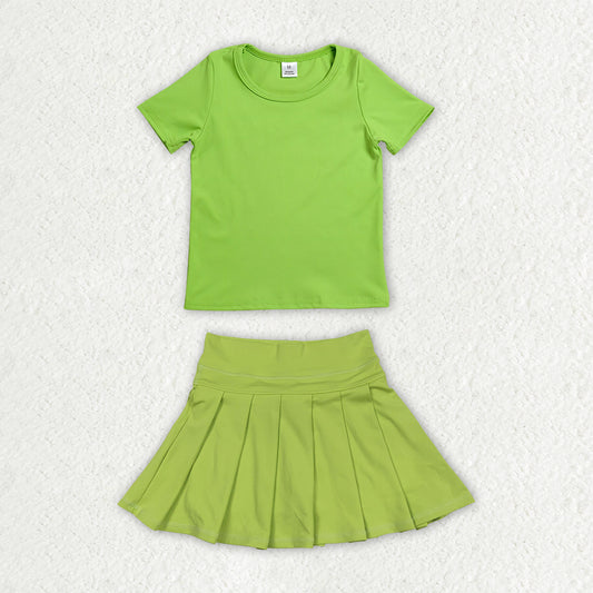 Baby Girls Light Green Short Sleeve Shirt Top Pleated Skirt Short Yoga Active Clothes Sets
