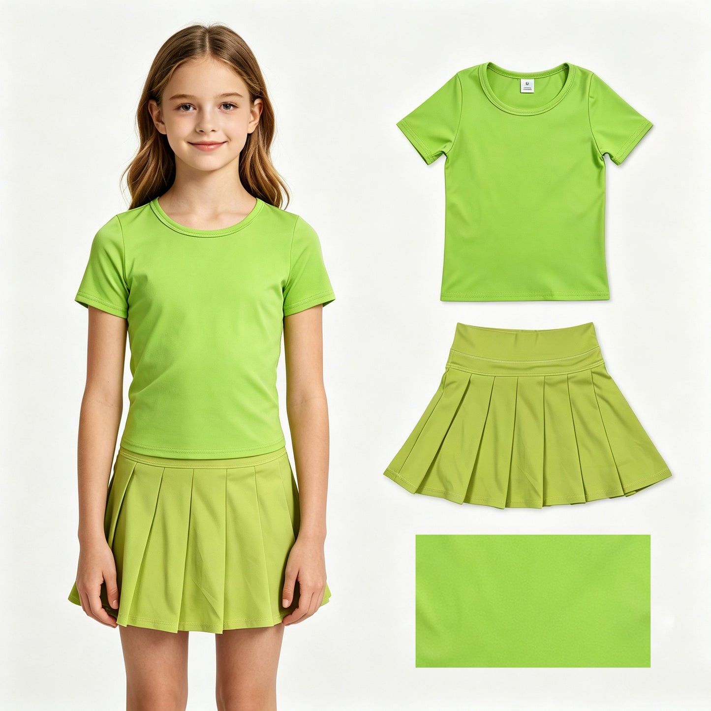Baby Girls Light Green Short Sleeve Shirt Top Pleated Skirt Short Yoga Active Clothes Sets