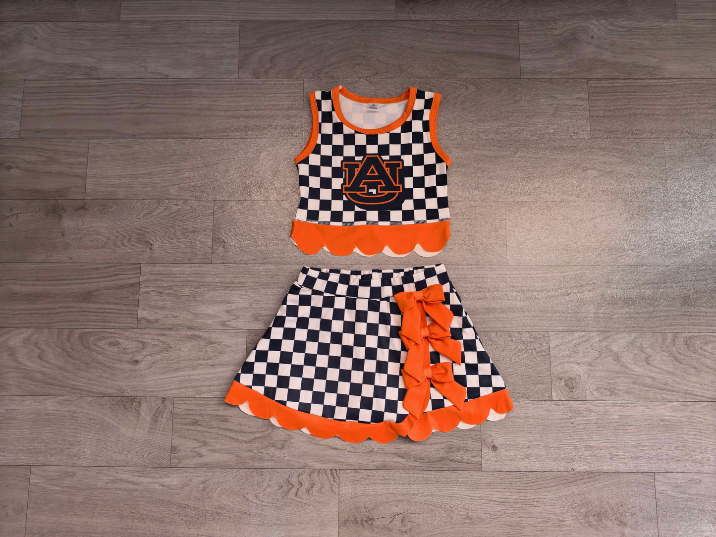 Baby Girls Black Checked AU Top Bows Skirt Short Scallop Clothes Set Preorder