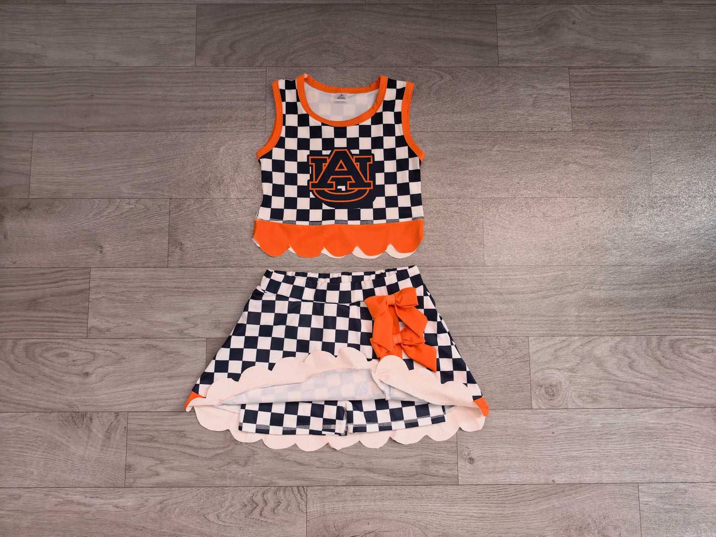 Baby Girls Black Checked AU Top Bows Skirt Short Scallop Clothes Set Preorder