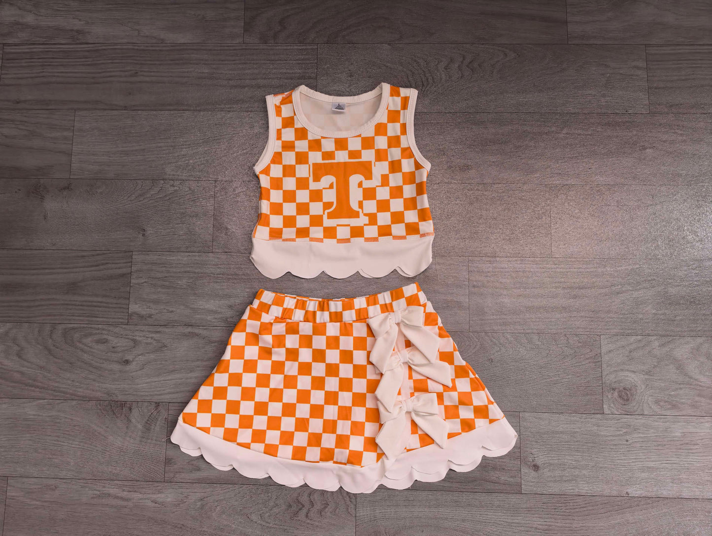 Baby Girls Orange Checked Tennessee Top Bows Skirt Short Scallop Clothes Set Preorder