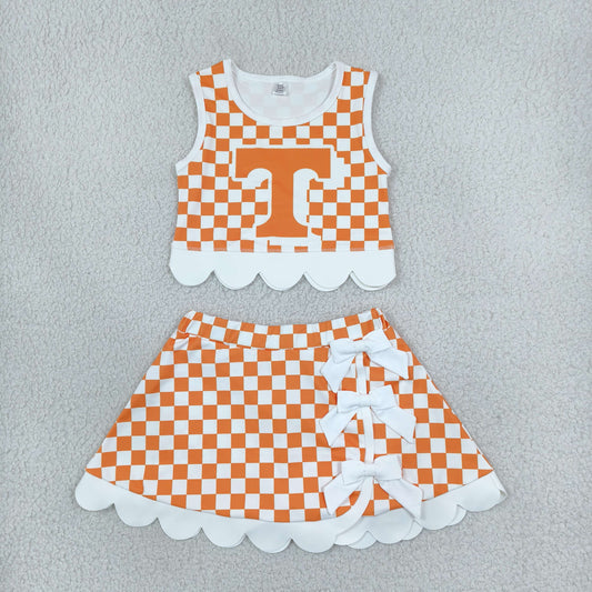 Baby Girls Orange Checked Tennessee Bows Skort Team Yoga Scallop Set