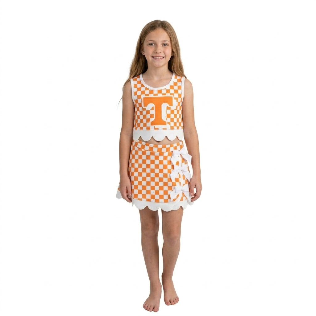 Baby Girls Orange Checked Tennessee Bows Skort Team Yoga Scallop Set