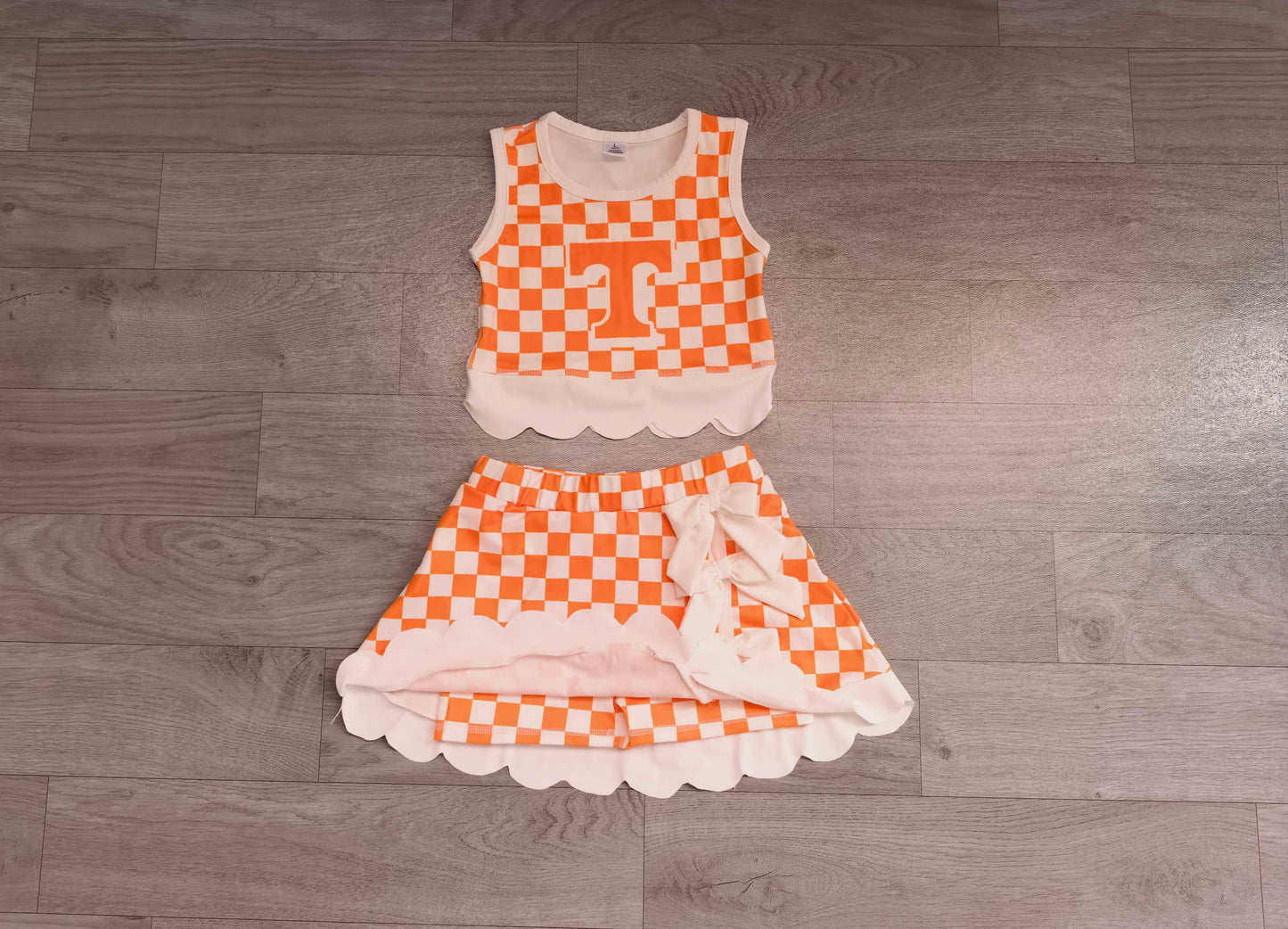 Baby Girls Orange Checked Tennessee Top Bows Skirt Short Scallop Clothes Set Preorder