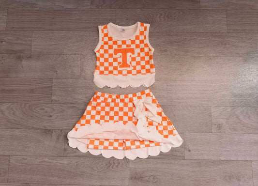 Baby Girls Orange Checked Tennessee Top Bows Skirt Short Scallop Clothes Set Preorder