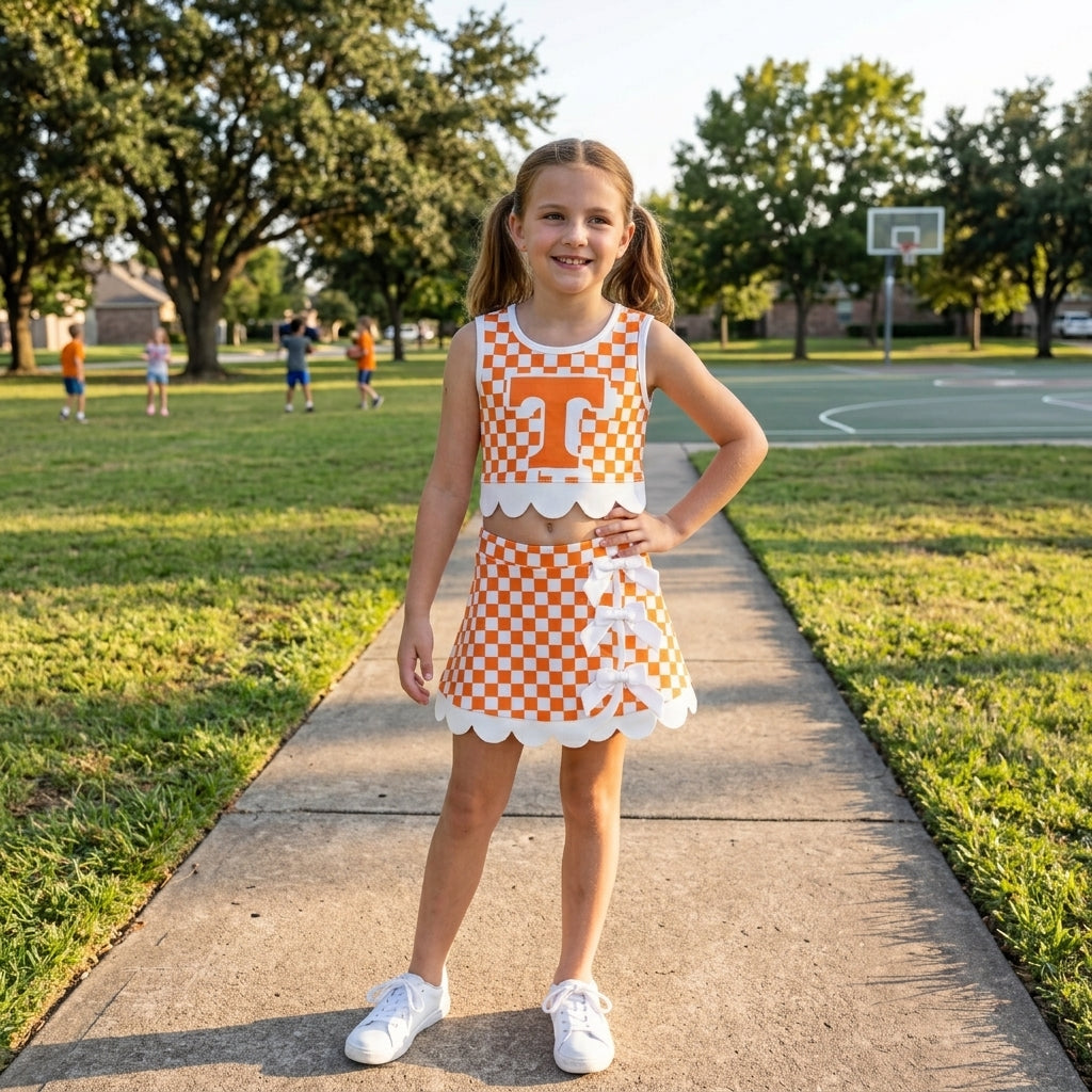 Baby Girls Orange Checked Tennessee Bows Skort Team Yoga Scallop Set