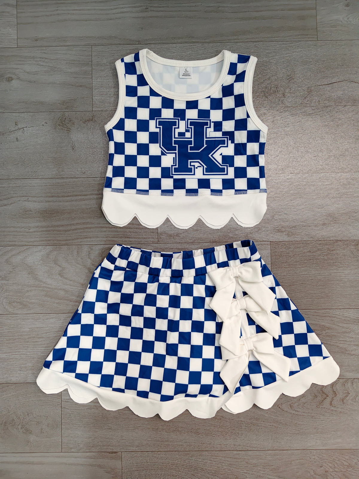 Baby Girls Blue Checked Kentucky Vest Bows Skirt Short Scallop Yoga Set Preorder