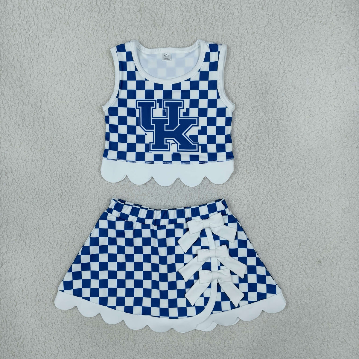 Baby Girls Blue Checked Kentucky Vest Bows Skirt Short Scallop Yoga Set