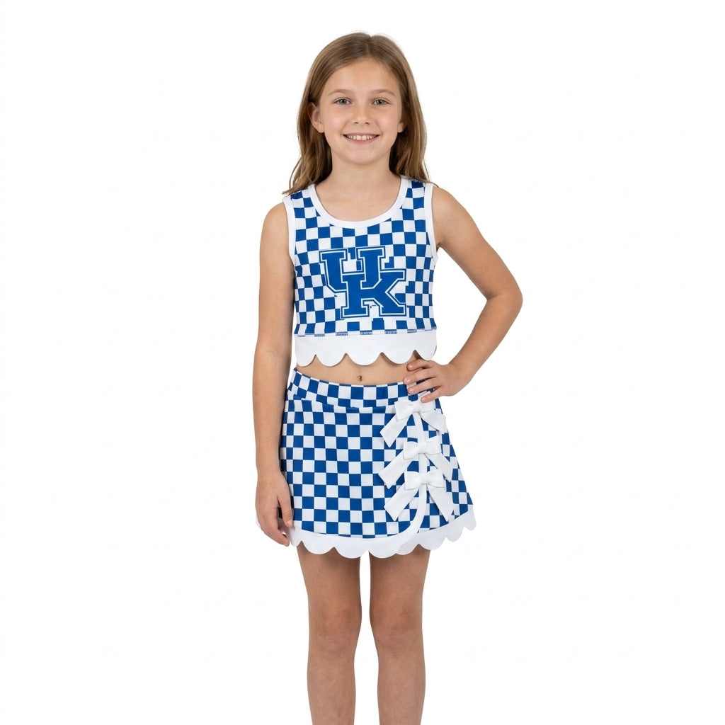 Baby Girls Blue Checked Kentucky Vest Bows Skirt Short Scallop Yoga Set