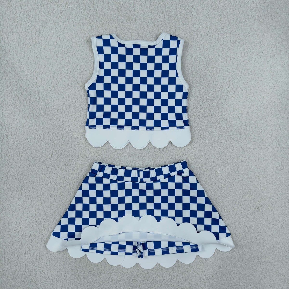 Baby Girls Blue Checked Kentucky Vest Bows Skirt Short Scallop Yoga Set