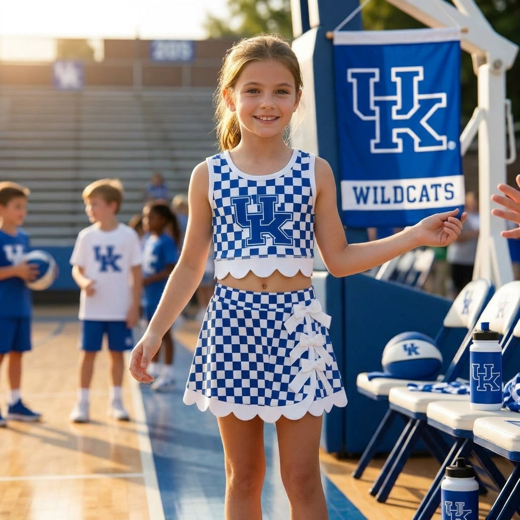 Baby Girls Blue Checked Kentucky Vest Bows Skirt Short Scallop Yoga Set