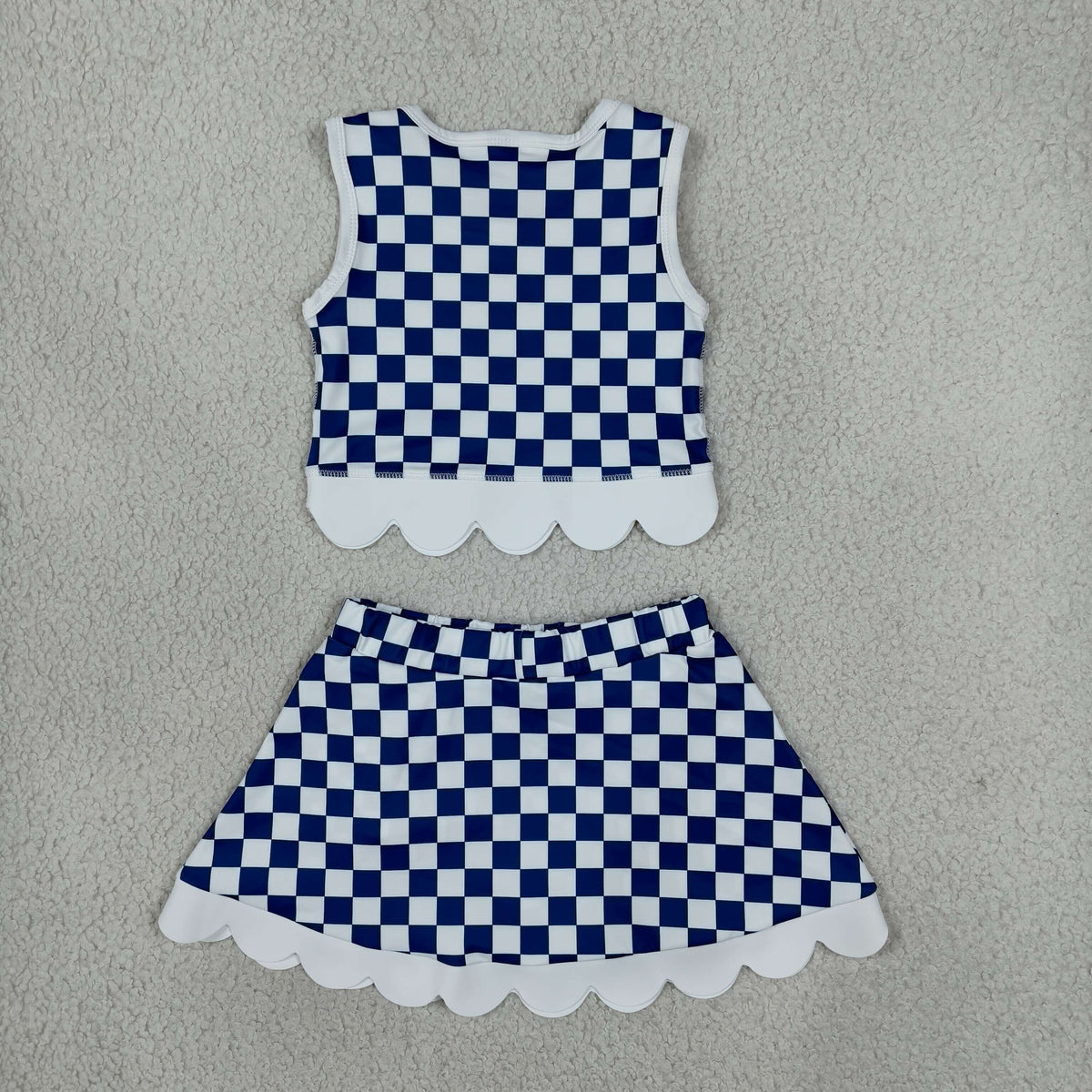 Baby Girls Blue Checked Kentucky Vest Bows Skirt Short Scallop Yoga Set