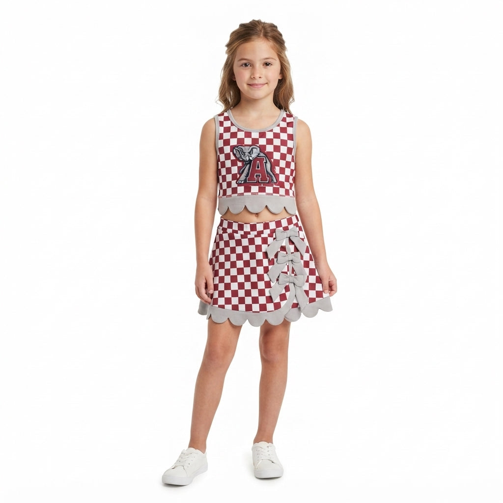 Baby Girls Red Checked Alabama Bows Skirt Short Yoga Active Team Scallop Clothes Set