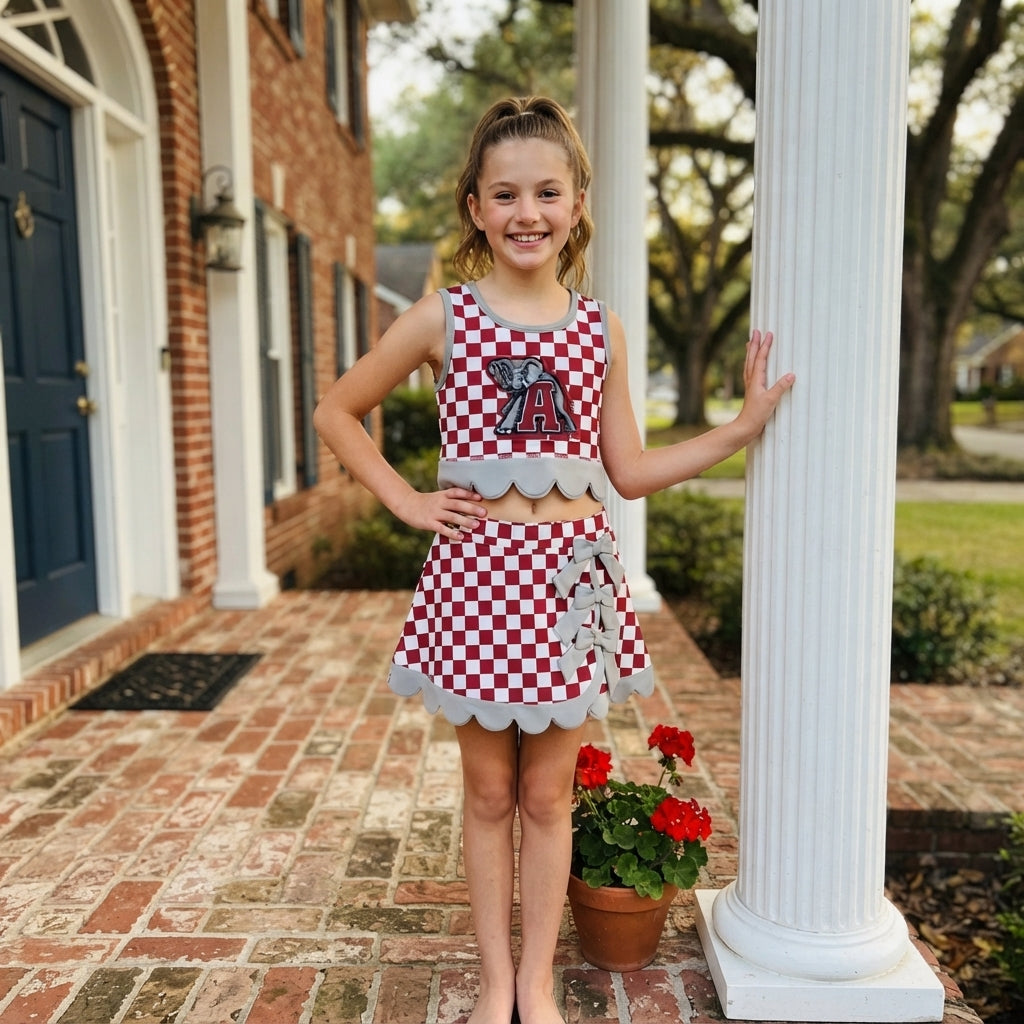 Baby Girls Red Checked Alabama Bows Skirt Short Yoga Active Team Scallop Clothes Set
