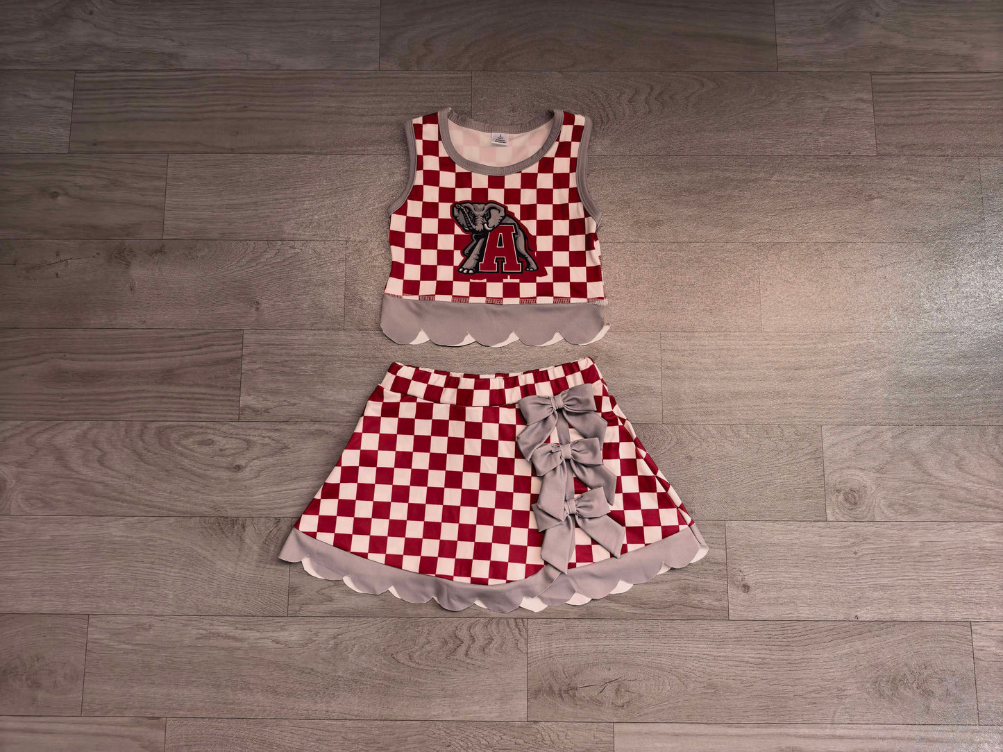 Baby Girls Red Checked Alabama Top Bows Skirt Short Scallop Clothes Set Preorder