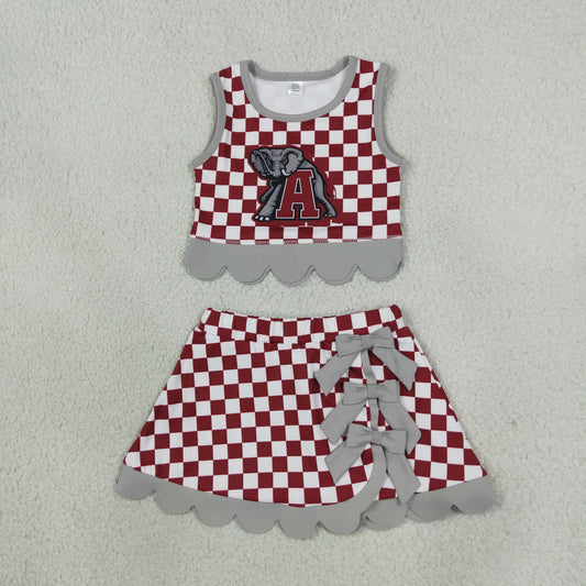 Baby Girls Red Checked Alabama Bows Skirt Short Yoga Active Team Scallop Clothes Set