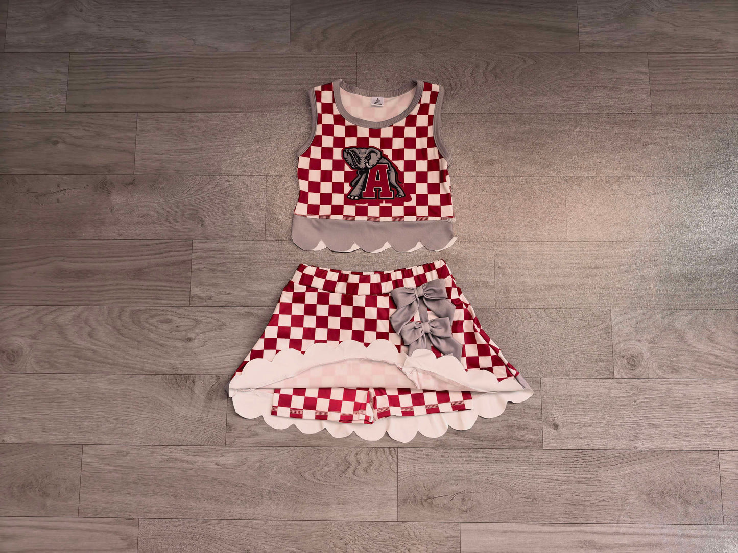 Baby Girls Red Checked Alabama Top Bows Skirt Short Scallop Clothes Set Preorder