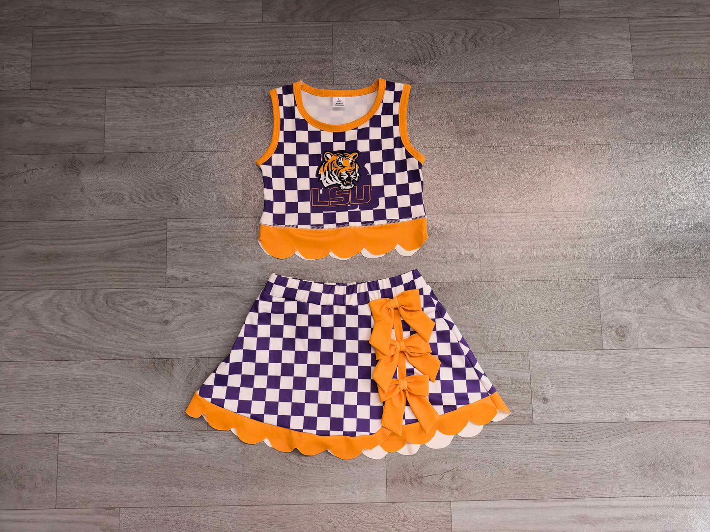 Baby Girls Purple Checked LSU Tiger Top Bows Skirt Short Scallop Clothes Set Preorder