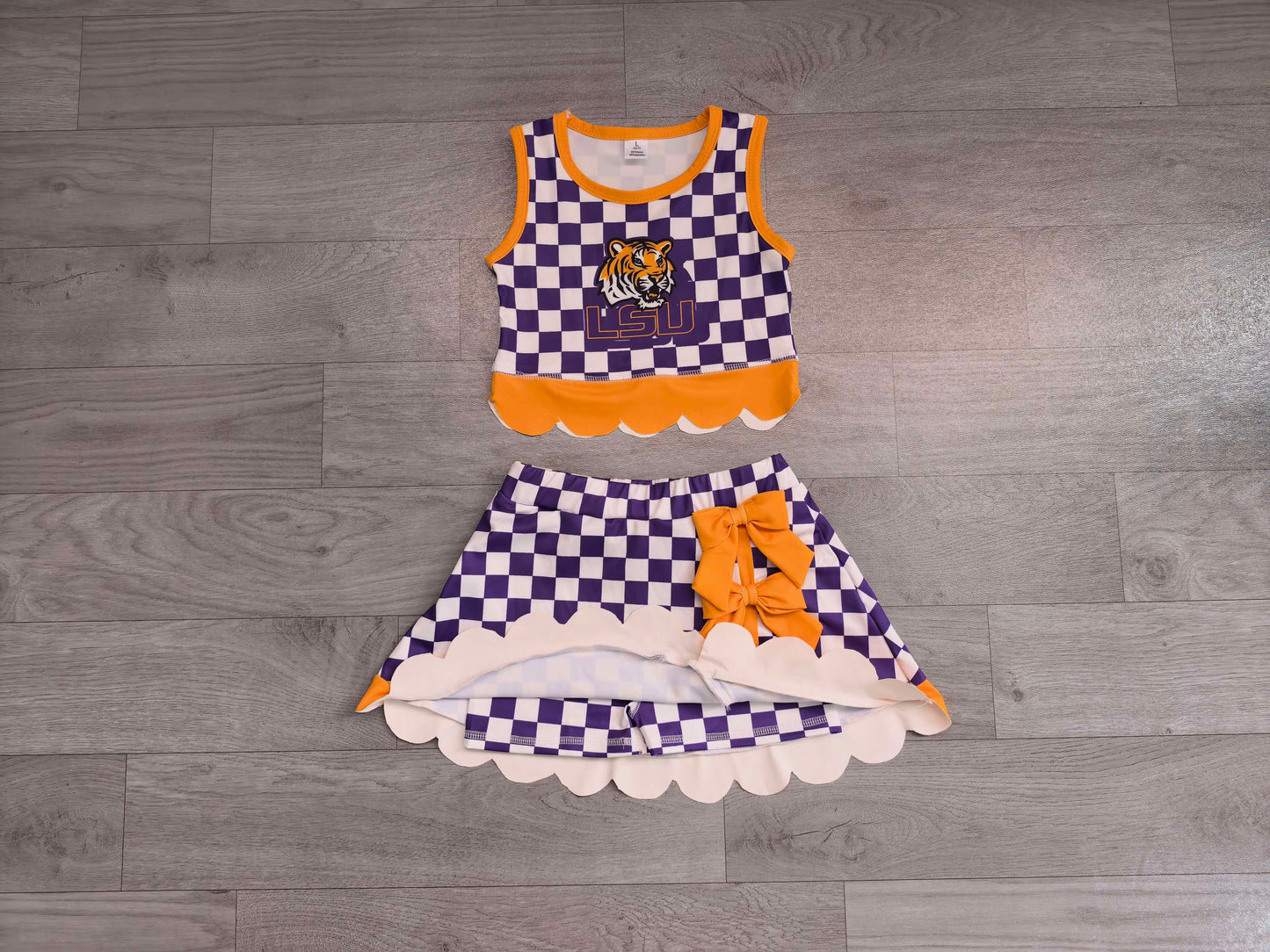 Baby Girls Purple Checked LSU Tiger Top Bows Skirt Short Scallop Clothes Set Preorder