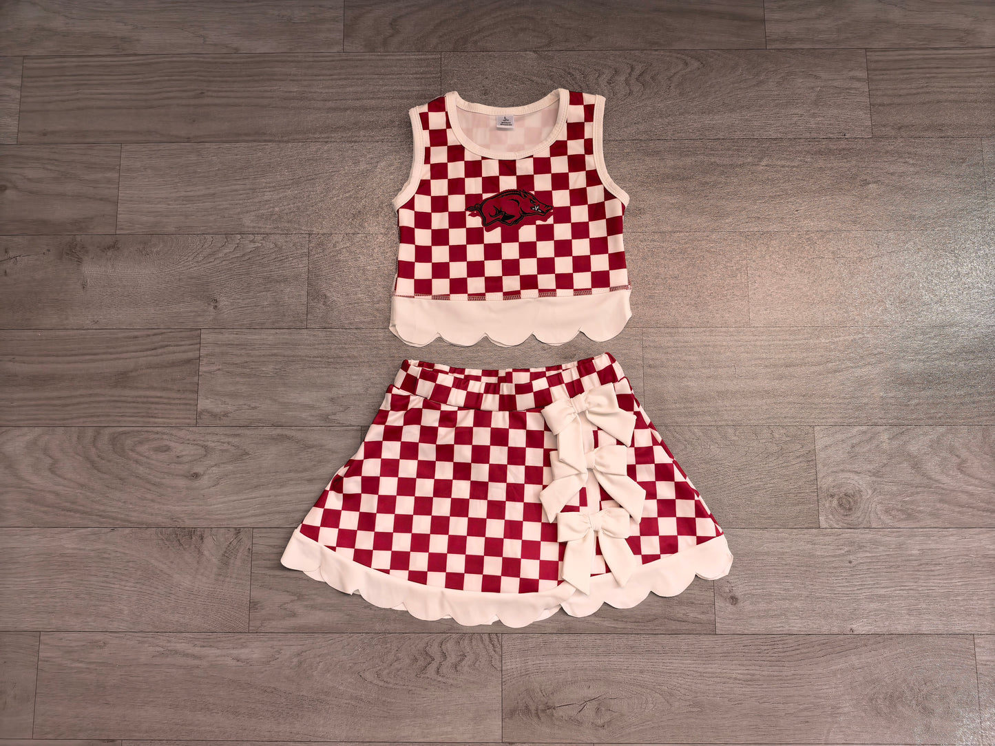 Baby Girls Red Checked Arkansas Top Bows Skirt Short Scallop Clothes Set Preorder