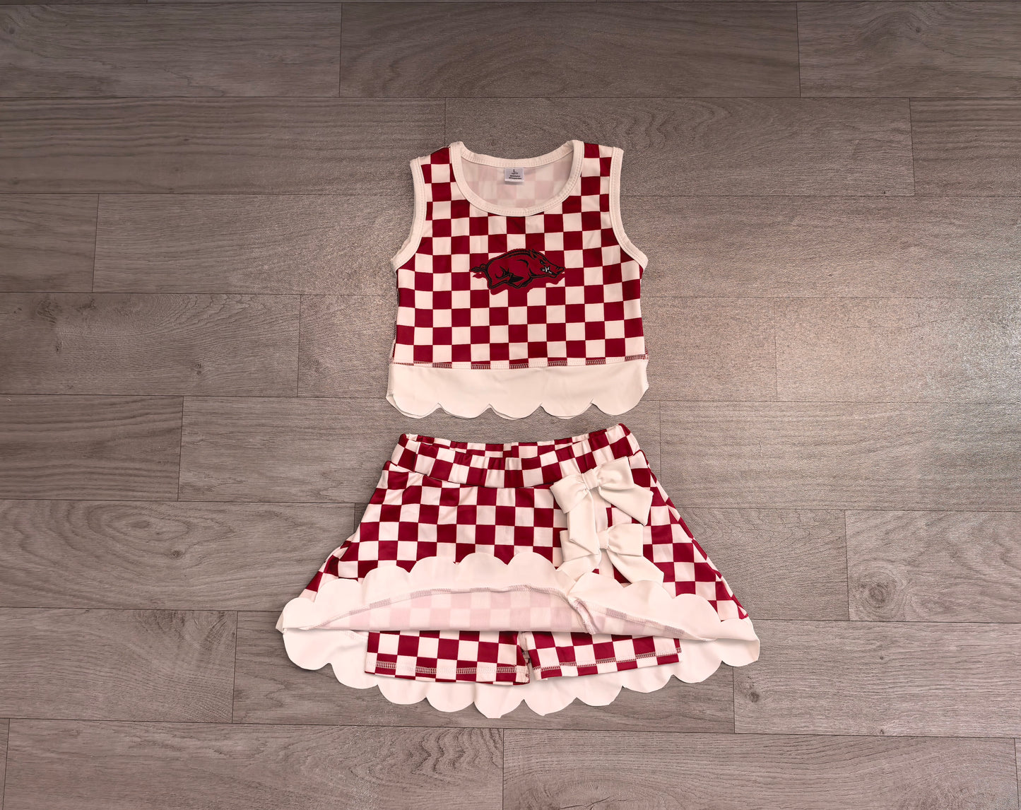 Baby Girls Red Checked Arkansas Top Bows Skirt Short Scallop Clothes Set Preorder
