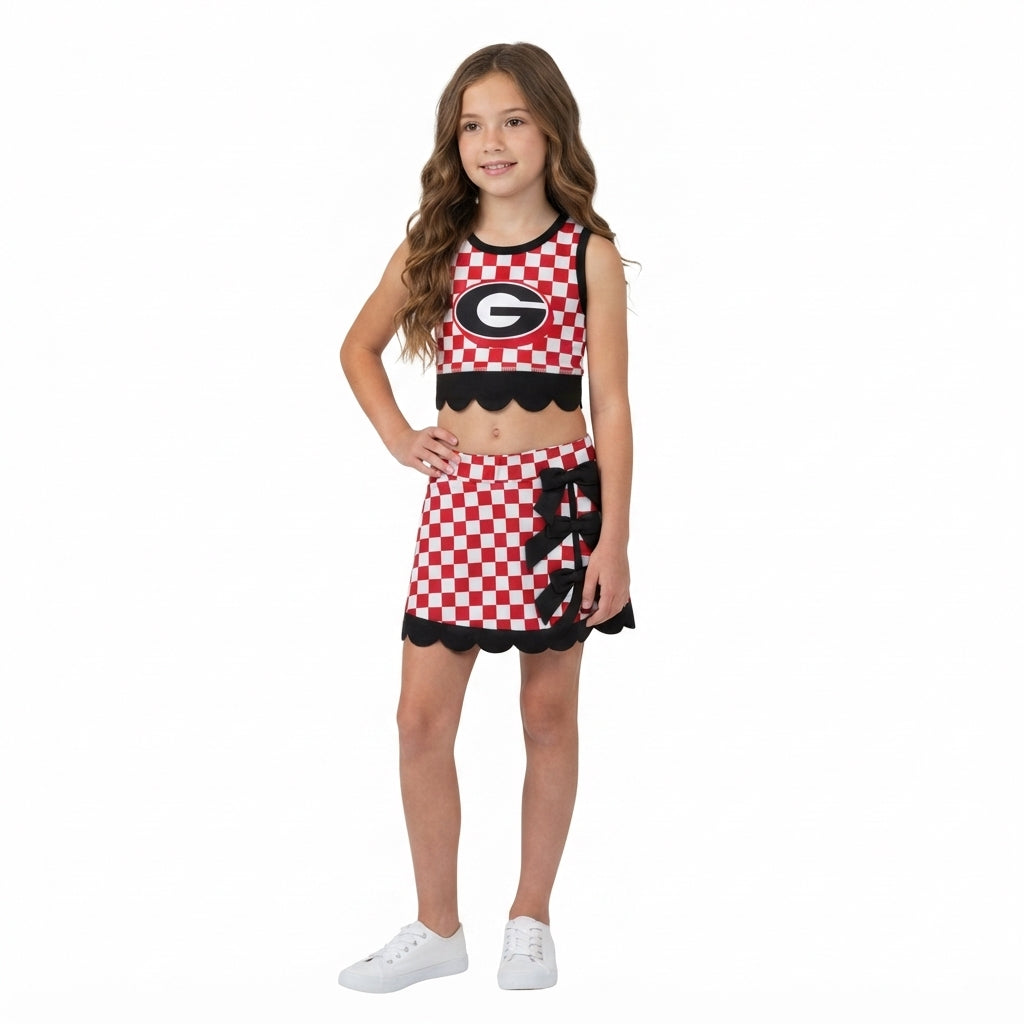 Baby Girls Red Checked Georgia Vest Bows Skirt Short Yoga Active Scallop Clothes Set
