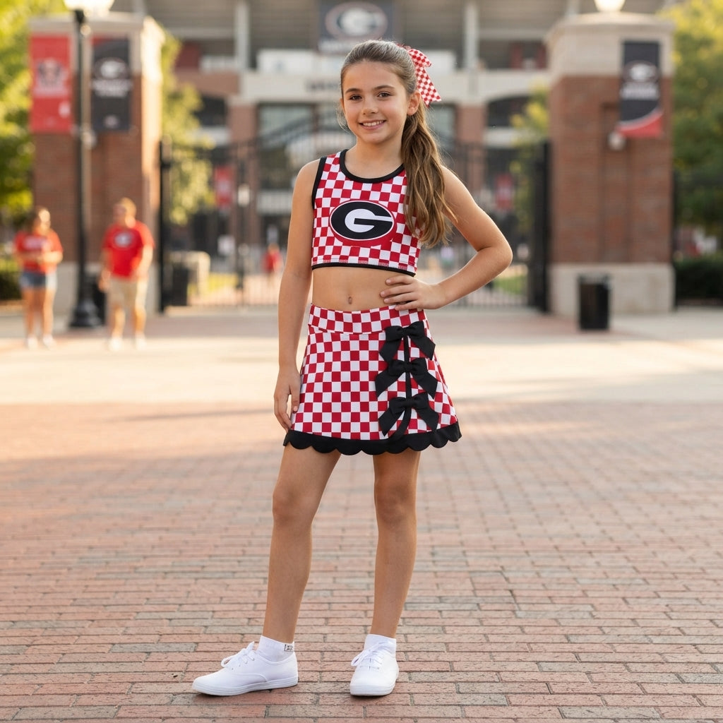 Baby Girls Red Checked Georgia Vest Bows Skirt Short Yoga Active Scallop Clothes Set