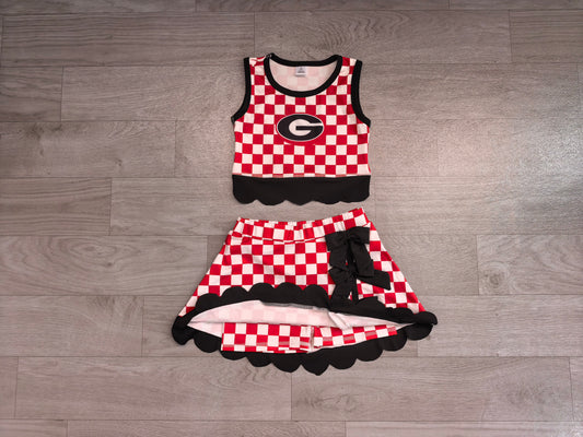 Baby Girls Red Checked Georgia Top Bows Skirt Short Scallop Clothes Set Preorder