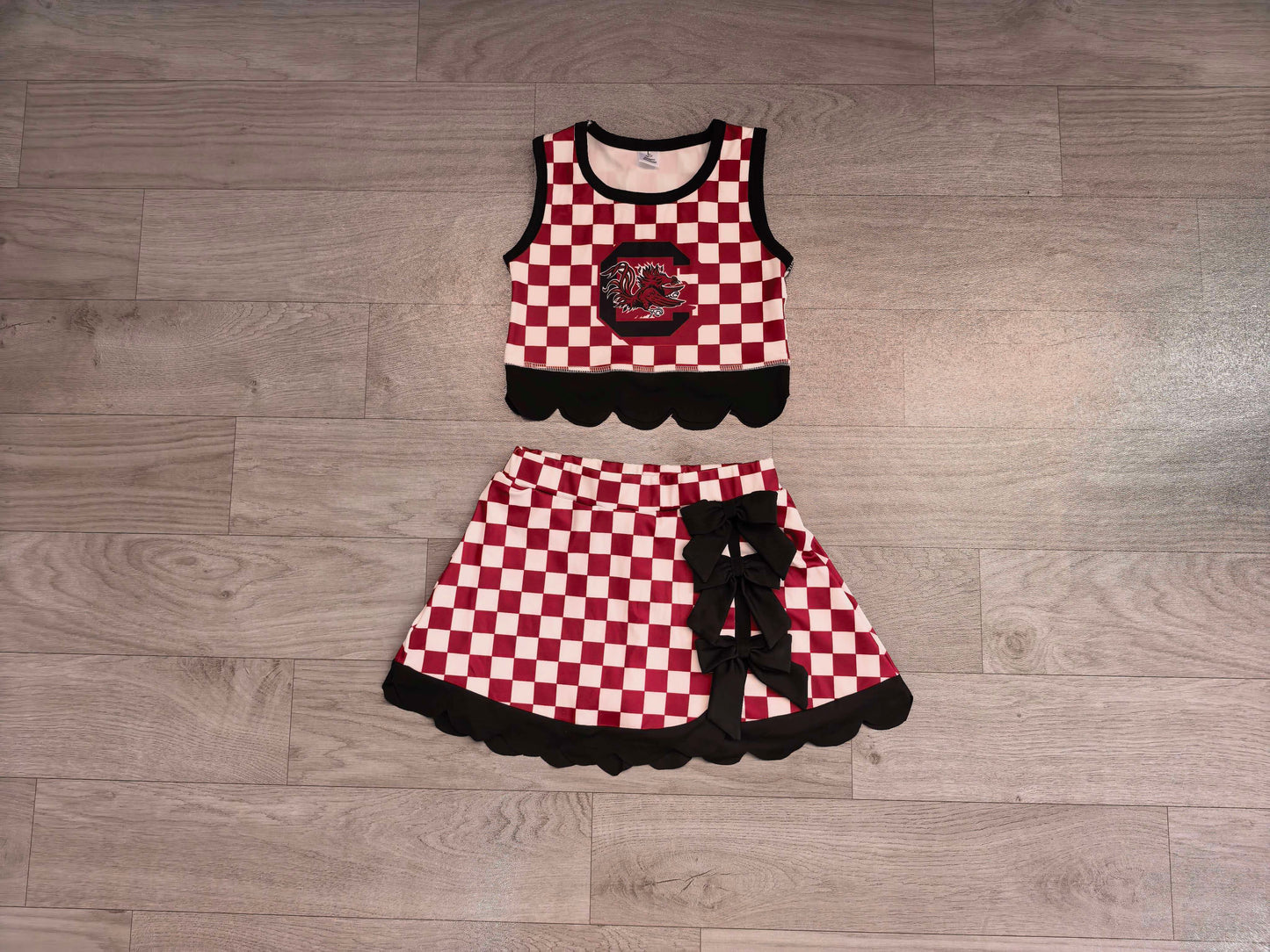Baby Girls Maroon Checked Gamecocks Top Bows Skirt Short Scallop Clothes Set Preorder