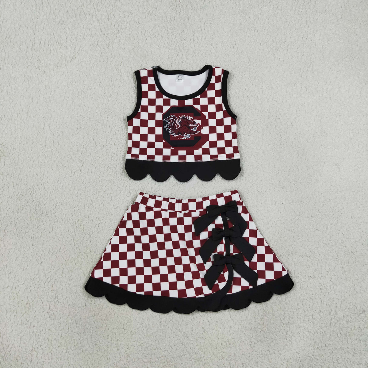 Baby Girls Maroon Checked Gamecocks Top Bows Skirt Short Scallop Team Clothes Set