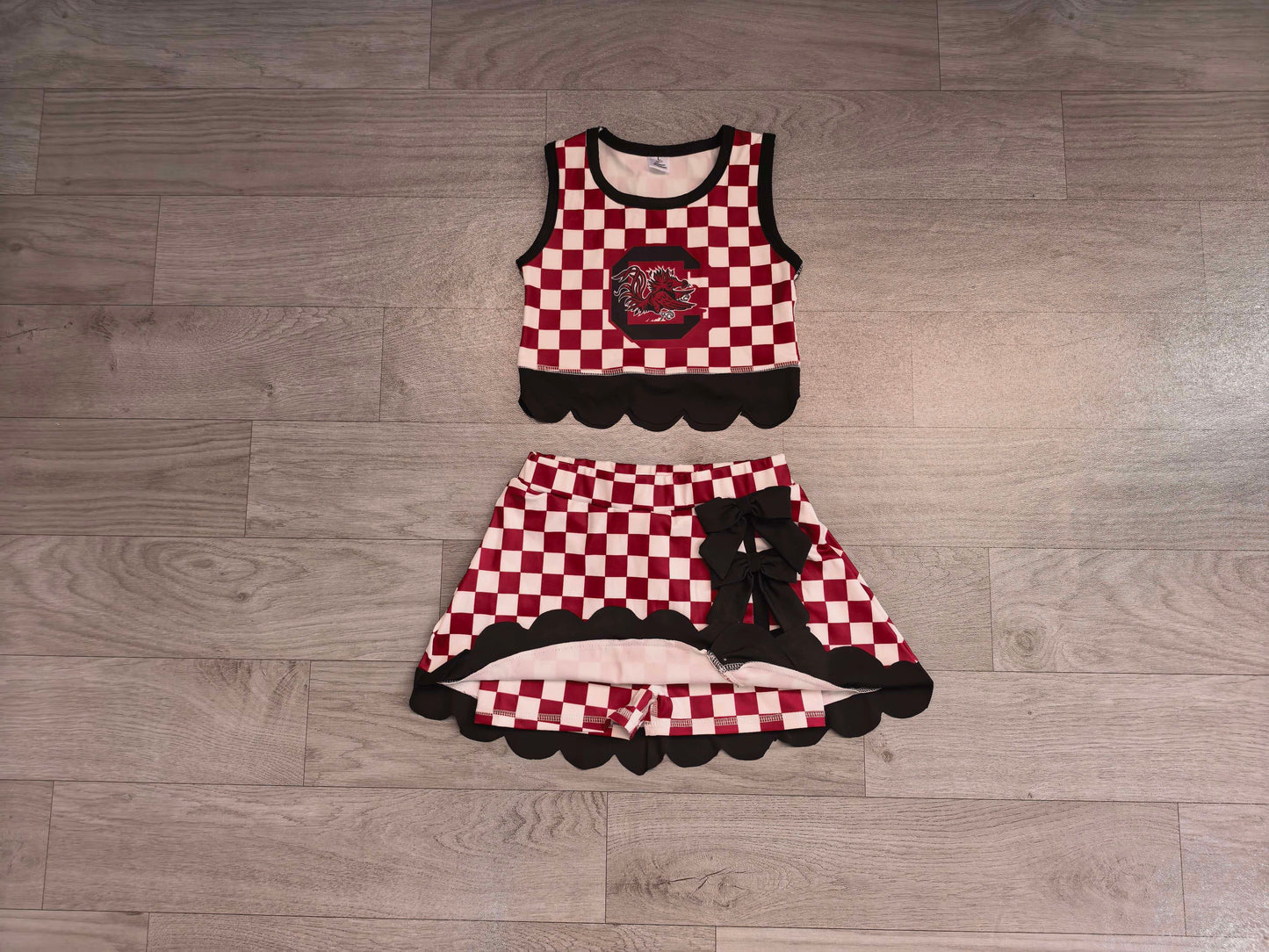Baby Girls Maroon Checked Gamecocks Top Bows Skirt Short Scallop Clothes Set Preorder