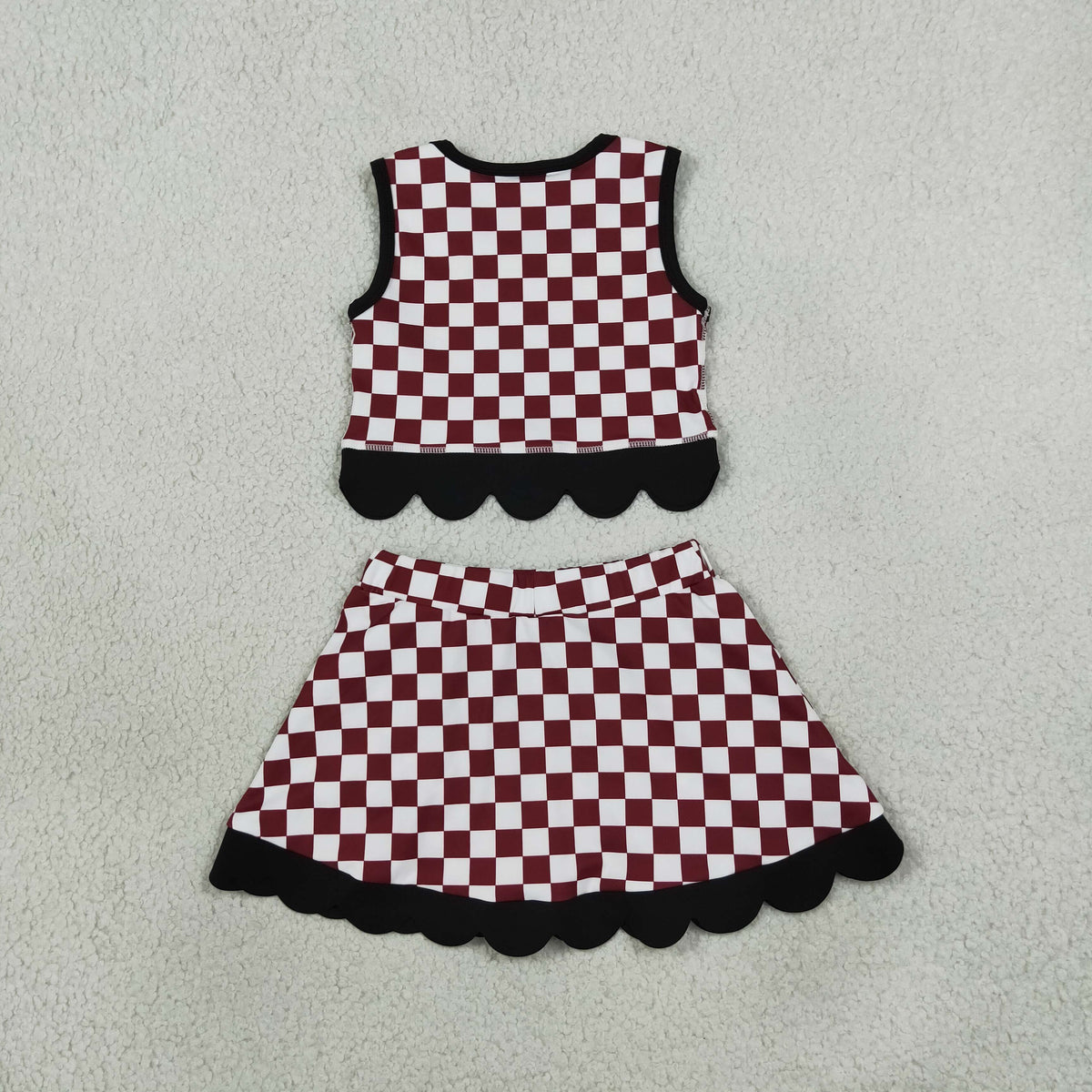 Baby Girls Maroon Checked Gamecocks Top Bows Skirt Short Scallop Team Clothes Set