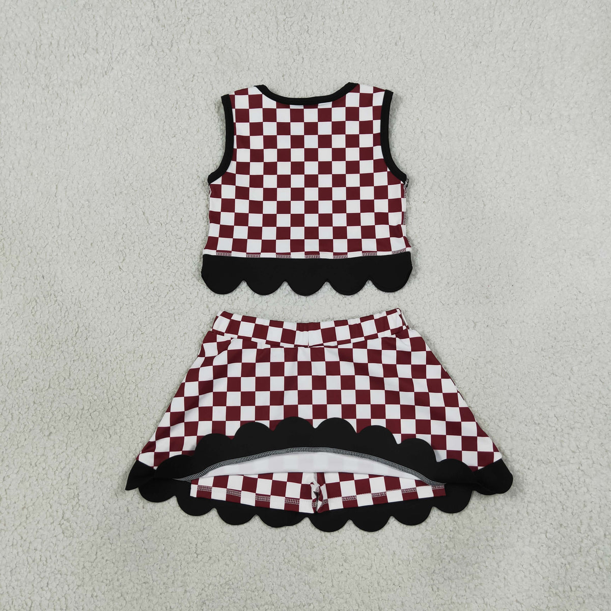 Baby Girls Maroon Checked Gamecocks Top Bows Skirt Short Scallop Team Clothes Set