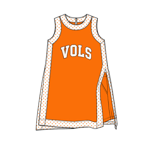 Preorder moq 5 Baby Girls Orange Polka Dots Vols Team Yoga Active Split Knee Length Dress