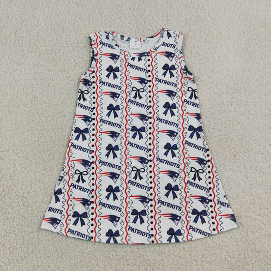 Sibling Baby Girls Patriots Bows Stripe Team Knee Length Dress Scallop Clothes Sets