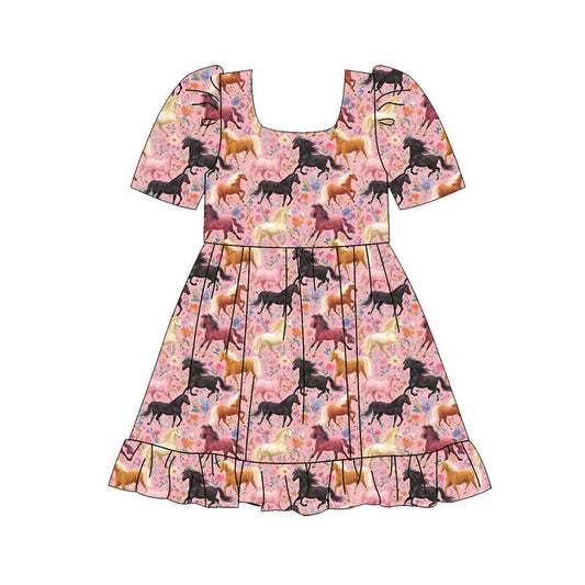 Preorder moq 5 Baby Girls Flowers Horses Western Ruffle Knee Length Dress