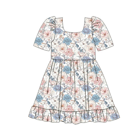 Preorder moq 5 Baby Girls Short Sleeve Colorful Flowers Ruffle Knee Length Dress