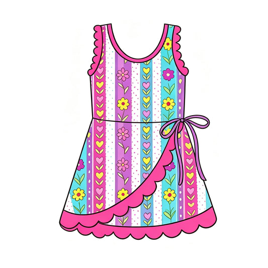 Preorder moq 5 Baby Girls Colorful Flowers Hearts Stripe Yoga Active Short Bow Scallop Knee Length Dress