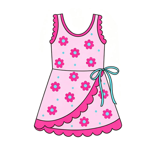 Preorder moq 5 Baby Girls Pink Flowers Polka Dots Yoga Active Short Bow Scallop Knee Length Dress