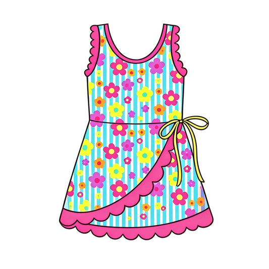 Preorder moq 5 Baby Girls Colorful Stripe Flowers Yoga Active Short Bow Scallop Knee Length Dress