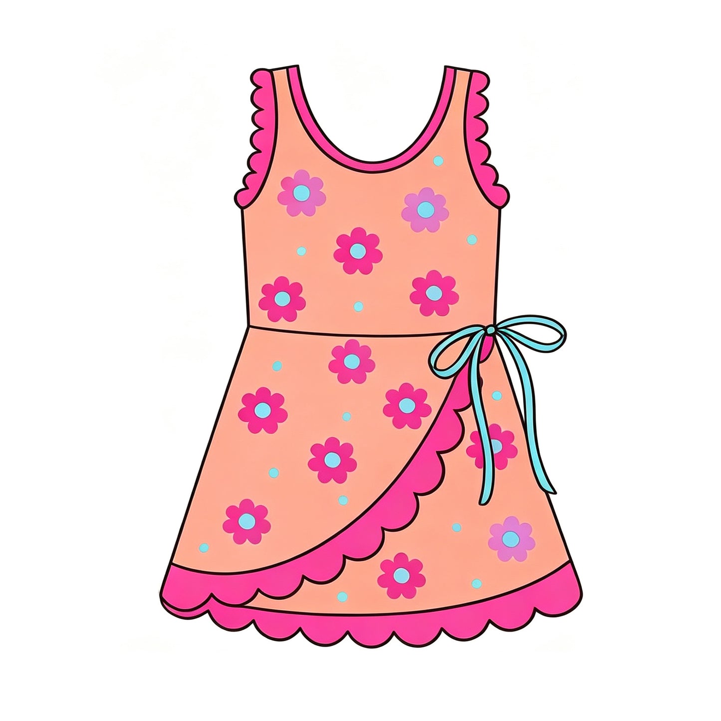 Preorder moq 5 Baby Girls Peach Flowers Polka Dots Yoga Active Short Bow Scallop Knee Length Dress