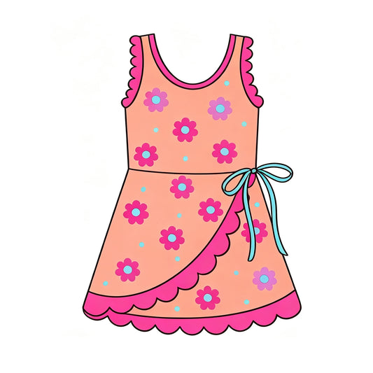 Preorder moq 5 Baby Girls Peach Flowers Polka Dots Yoga Active Short Bow Scallop Knee Length Dress