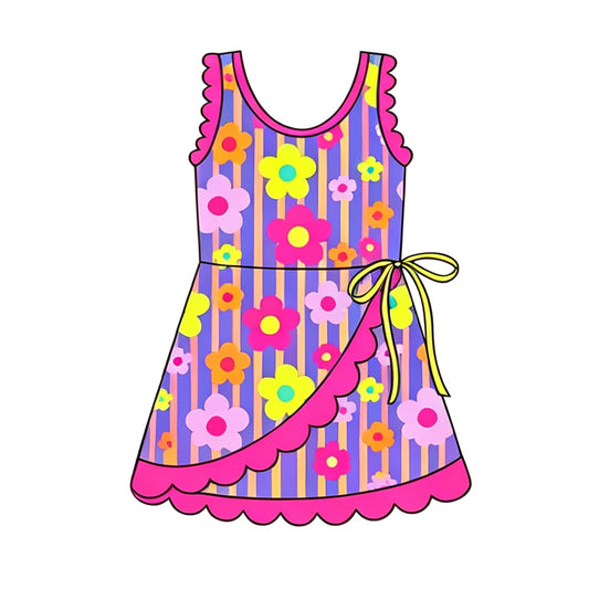 Preorder moq 5 Baby Girls Colorful Stripe Flowers Yoga Active Short Bow Scallop Knee Length Dress