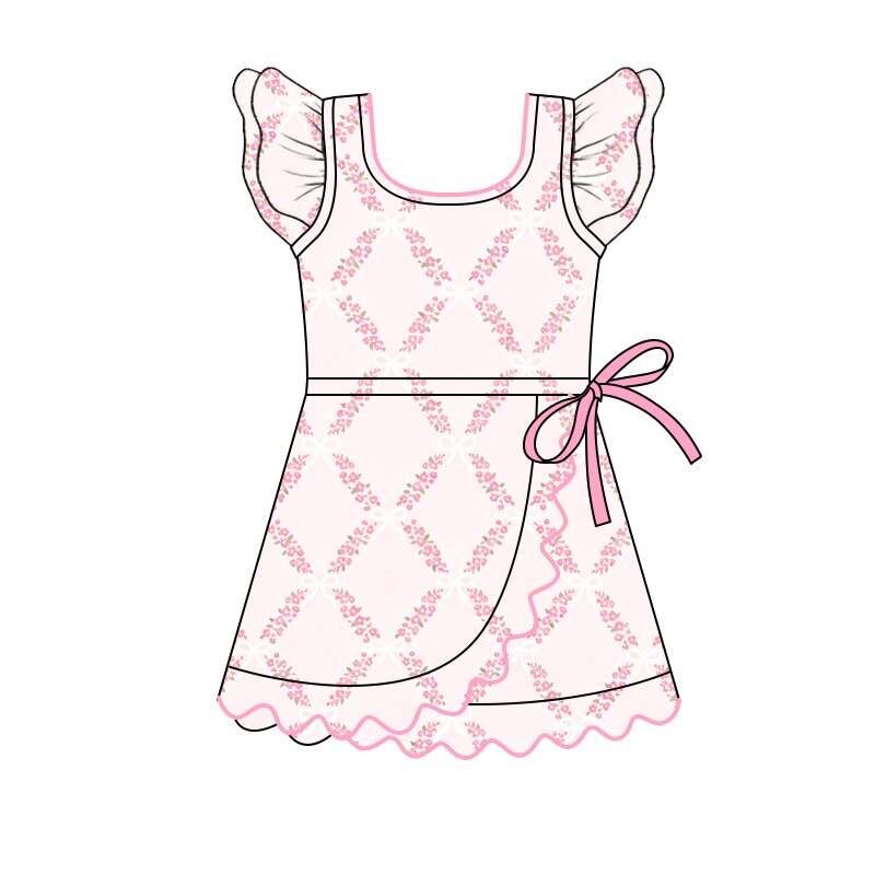 Preorder moq 5 Baby Girls Pink Flowers Yoga Active Short Bow Scallop Knee Length Dress