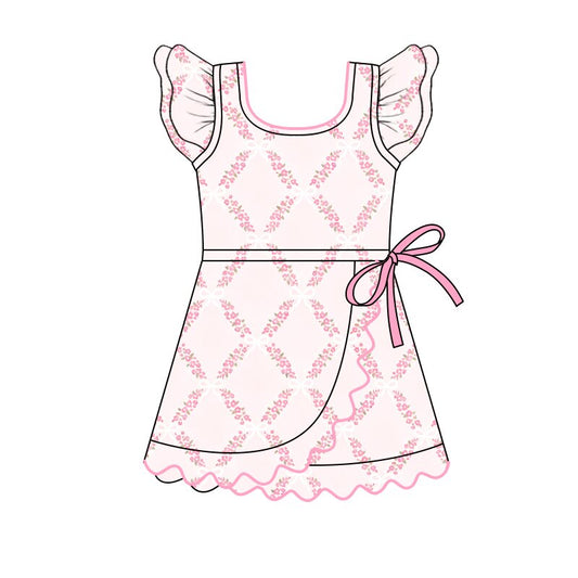 Preorder moq 5 Baby Girls Pink Flowers Yoga Active Short Bow Scallop Knee Length Dress