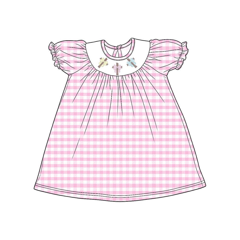 Preorder moq 5 Baby Girls Smocked Bows Crosses Pink Checked Easter Knee Length Dress