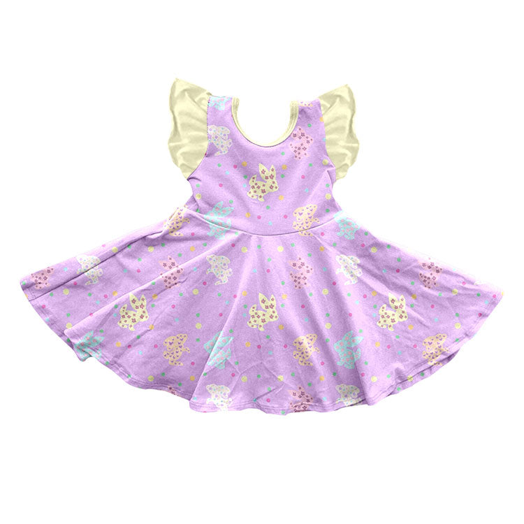 Preorder moq 5 Baby Girls Flutter Sleeve Flower Rabbits Easter Knee Length Dress