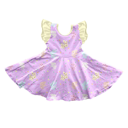 Preorder moq 5 Baby Girls Flutter Sleeve Flower Rabbits Easter Knee Length Dress